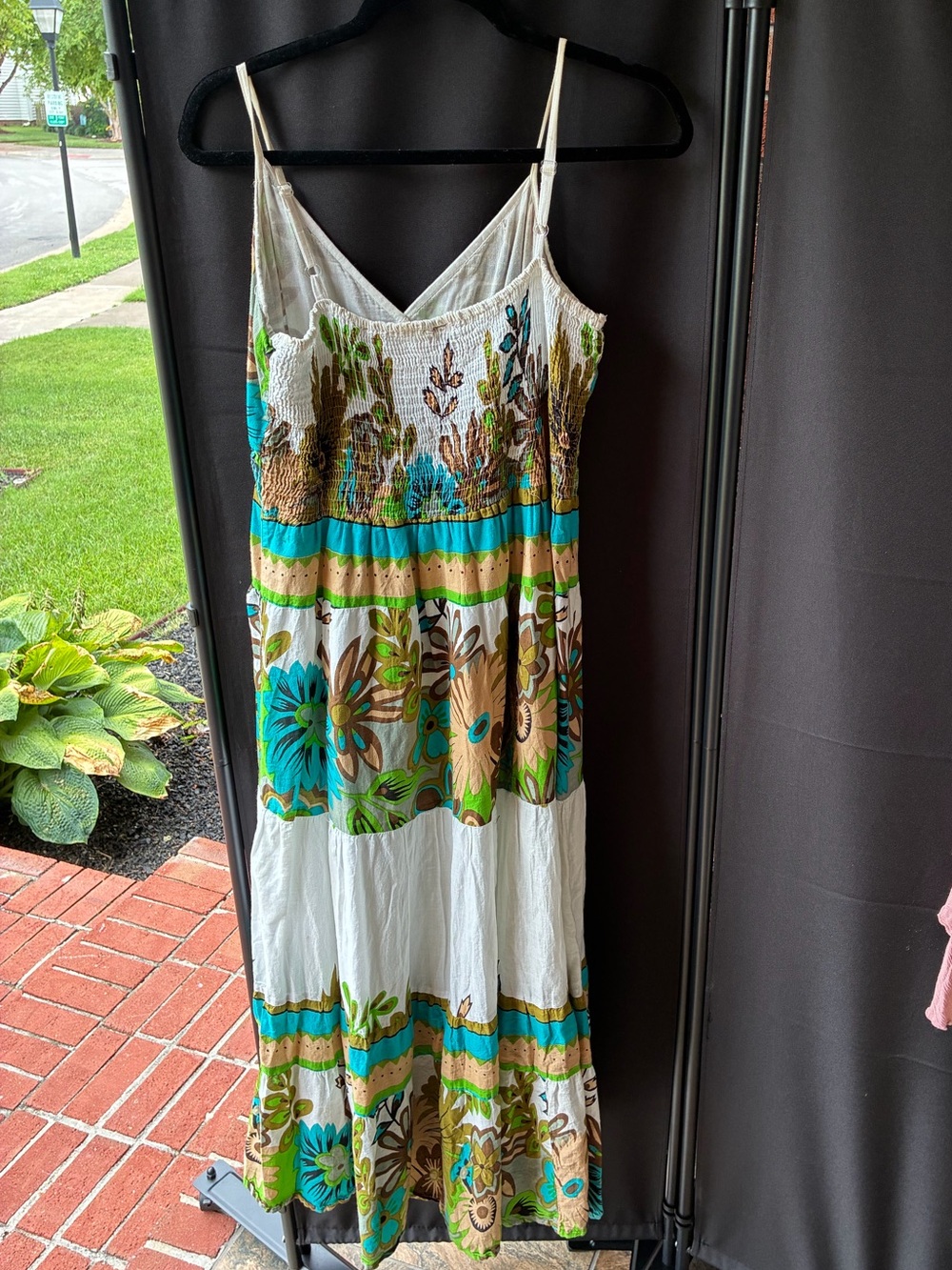 Magic Floral Tiered Maxi Dress in White, Teal, Green, and Brown